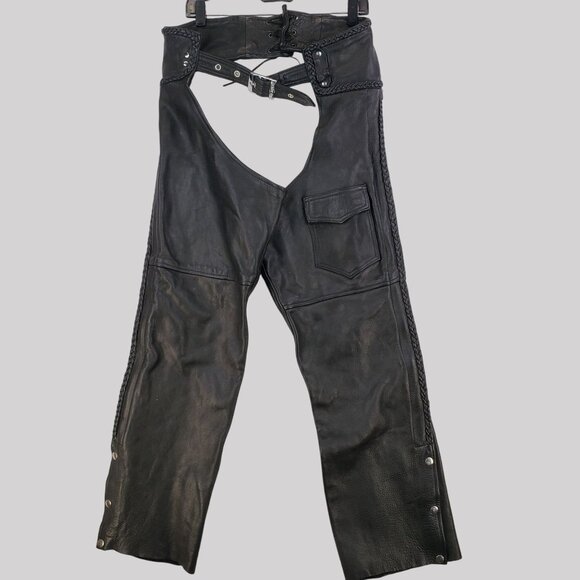 Vintage Pro-Rider Genuine Leather USA Biker Black Chaps Adjustable Size M - Picture 1 of 12